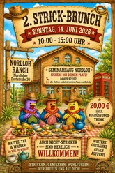 2. Strickbrunch.png Plakat zum 2. Strick-Brunch: Drei Hühner mit Cowboyhüten stricken an einem gedeckten Tisch.