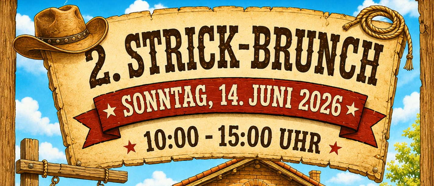 2. Strickbrunch.png Plakat zum 2. Strick-Brunch: Drei Hühner mit Cowboyhüten stricken an einem gedeckten Tisch.