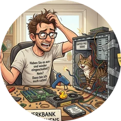 PC_Tüfteln.png Verzweifelter Tüftler vor offenem PC-Gehäuse voller Kabel, in dem eine Katze sitzt.