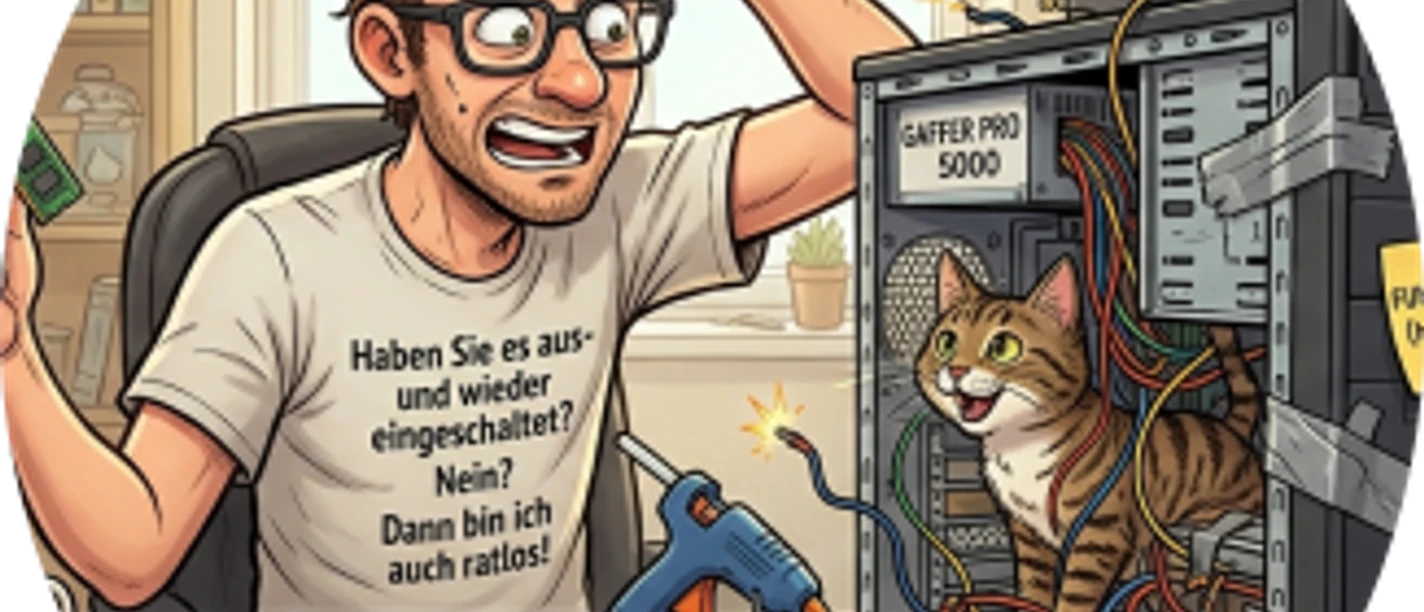 PC_Tüfteln.png Verzweifelter Tüftler vor offenem PC-Gehäuse voller Kabel, in dem eine Katze sitzt.