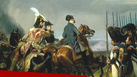 Grafik einer Ansicht der Schalcht mit Napoleon auf einem Pferd und weiteren Soldaten in historischer Uniform