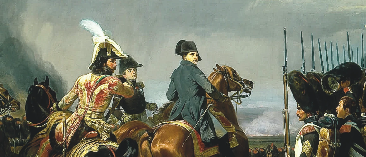 Grafik einer Ansicht der Schalcht mit Napoleon auf einem Pferd und weiteren Soldaten in historischer Uniform