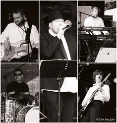 blancker_sound_hq_ (c) Dirk Neujahr_WEB.jpg Schwarz-Weiß-Collage von fünf Musikern mit Instrumenten beim Live-Konzert.