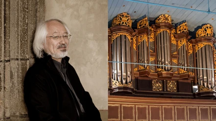 Masaaki Suzuki 9 (c) Marco Borggreve Orgel St. Severi Otterndorf (c) Patric Leo.jpg Masaaki Suzuki neben der prunkvollen, goldverzierten Orgel der St. Severi Kirche.