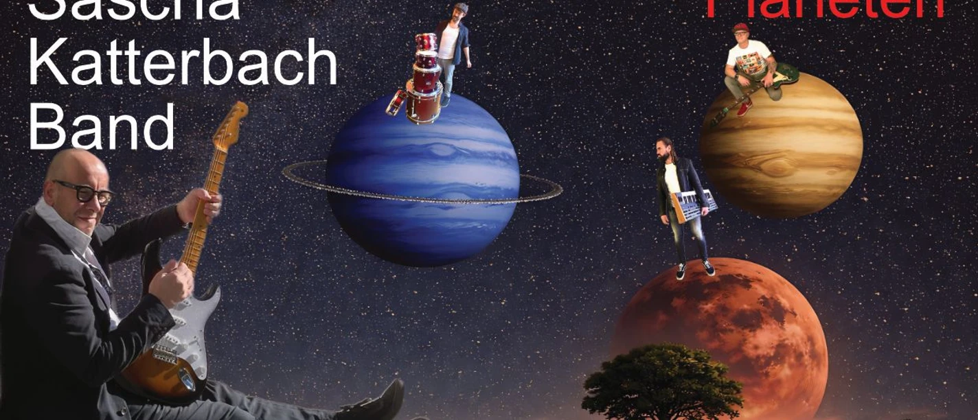 Grafische Darstellung einer Band, dessen Bandmitglieder jeweils auf einem eigenen Planeten stehen oder sitzen, passend zum Albumnamen "Planeten".