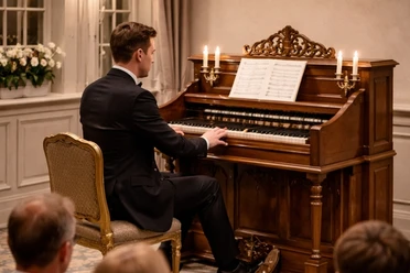 Eleganter Musiker spielt an einem historischen Harmonium in einem festlichen Saal mit Kerzenlicht.