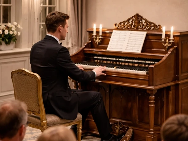 Dinner and Concert Eleganter Musiker spielt an einem historischen Harmonium in einem festlichen Saal mit Kerzenlicht.