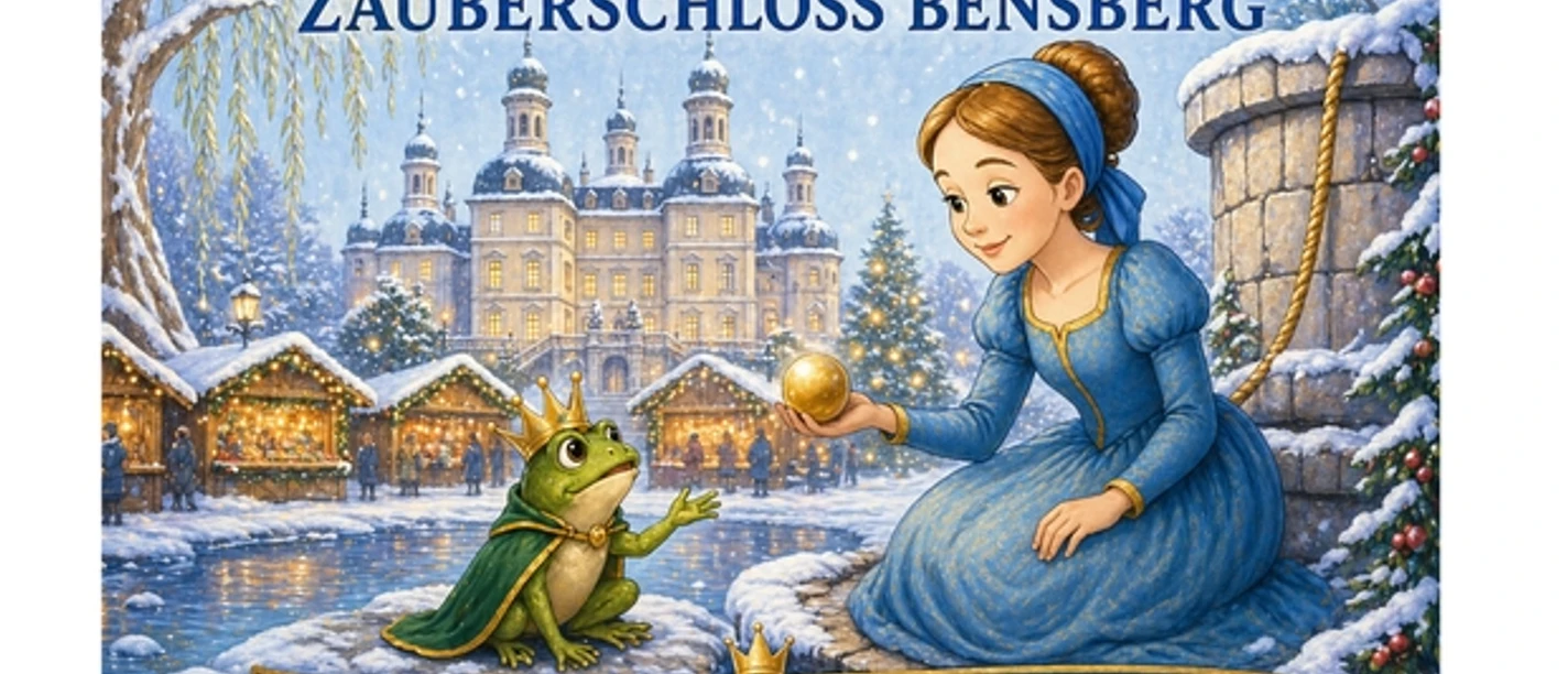 DerFroschkönig Prinzessin im Schnee reicht goldene Kugel einem Frosch vor beleuchtetem Schloss.