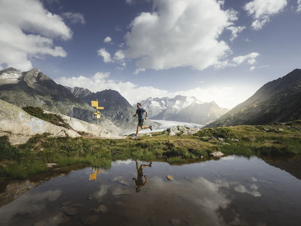Trailrunning beim Grossen Aletschgletscher Trailrunner beim Stoneman Glaciara Hike mit Spiegelung im Bergsee und Blick auf den Aletschgletscher.