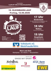 19. Kleinbahnlauf.png Veranstaltungsplakat zum 19. Kleinbahn-Lauf am 12.06.2026 mit Startzeiten und Sponsoren.