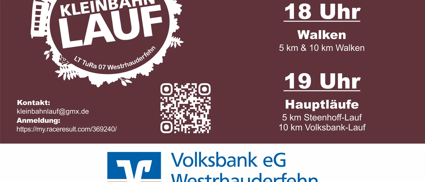 19. Kleinbahnlauf.png Veranstaltungsplakat zum 19. Kleinbahn-Lauf am 12.06.2026 mit Startzeiten und Sponsoren.
