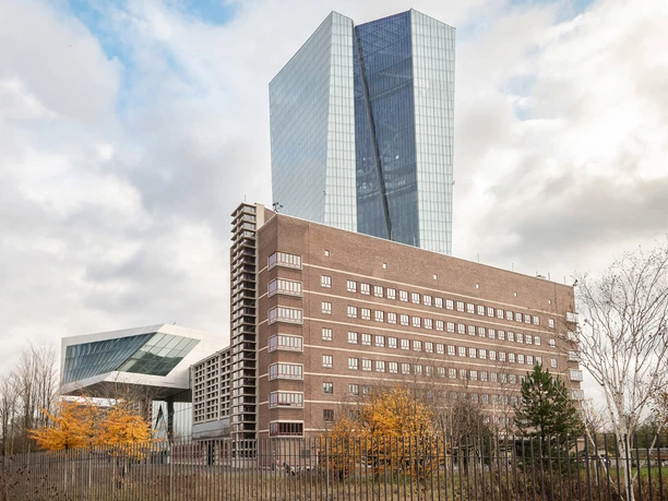 Frankfurt - Grossmarkthalle in the ECB Skyscraper and brick building in banking district
