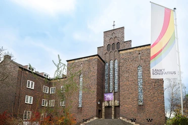Frankfurt - St Boniface Church St Bonifatius church with flag
