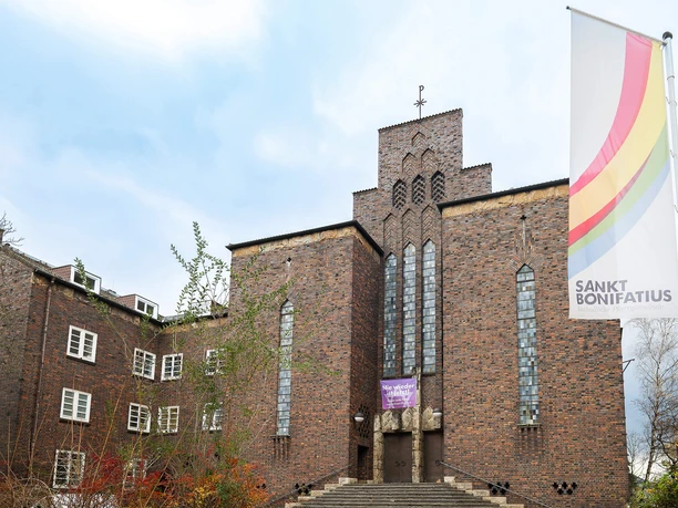 Frankfurt - St Boniface Church St Bonifatius church with flag