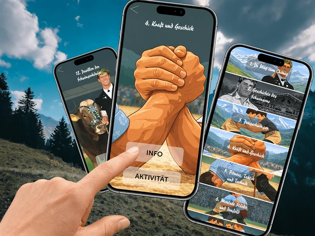 The new Swiss wrestling app Index finger points to three smartphones that visualize the app