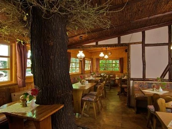 Ein rustikales Gasthaus mit Holzmöbeln und einem Baumstamm in der Mitte des gemütlichen Speiseraums.