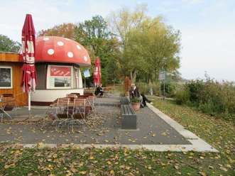 Fliegenpilz Café with toadstool roof in autumnal surroundings, surrounded by colorful foliage and seating.