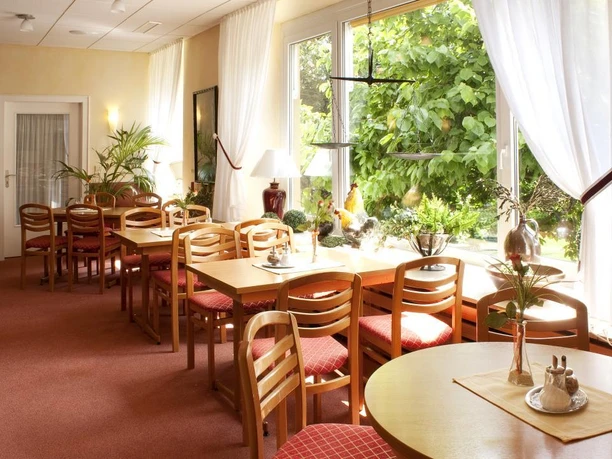 Café in Schulzes Ladencafé Borgholzhausen Helles Café mit großen Fenstern, Holztischen und roten Stühlen, Blick auf blühenden Garten.