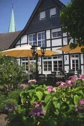 Biergarten am Café zur Linde Sonniger Biergarten mit Holztischen, blühenden Sträuchern und weißen Fachwerkhaus im Hintergrund.