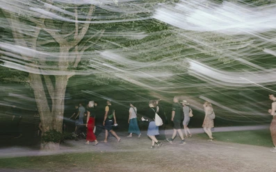 ritual: music, walks and community People walking in the park under trees, surrounded by strong strips of light and movement.