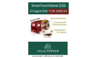 Street Food Market Plakat für den Street-Food Market 2026 an der Villa Popken mit der Uhrzeit und dem Datum.