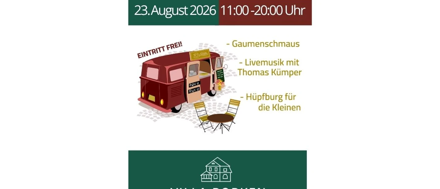 Street Food Market Plakat fĂĽr den Street-Food Market 2026 an der Villa Popken mit der Uhrzeit und dem Datum.