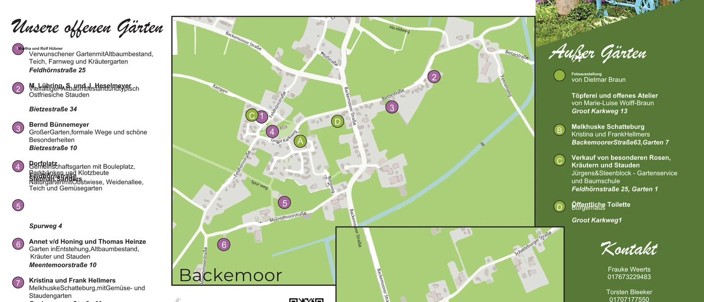Offenen Gärten Backemoor und Schatteburg Veranstaltungsflyer für die Offenen Gärten in Backemoor und Schatteburg mit einer Übersichtskarte.