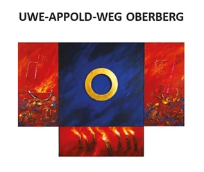 Uwe-Appold-Weg Oberberg.jpg Abstraktes Werk mit goldenem Kreis auf blauem Feld, umrahmt von roten Strukturen