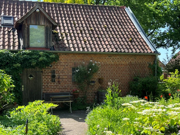Vakantie appartement Lustiger Strump Bakstenen huis met pannendak, klimop op de houten deur en een bloeiende voortuin in de zon.
