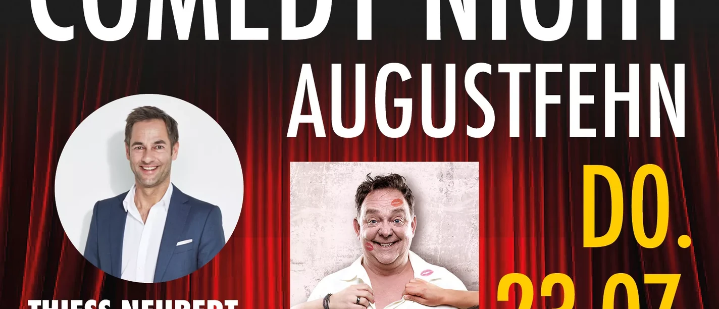 comedynight-2026-fest-der-1000-laternen-augustfehn.webp Plakat zur Comedy Night Augustfehn mit Thiess Neubert, Don Clarke, Benni Stark und Der Weiherer.