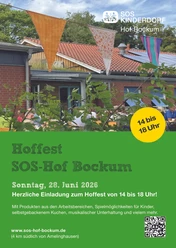 Hoffest 2026 SOS HOF FEST Plakat für das Hoffest auf dem SOS-Hof Bockum mit Datum und Programm am 28. Juni 2026.
