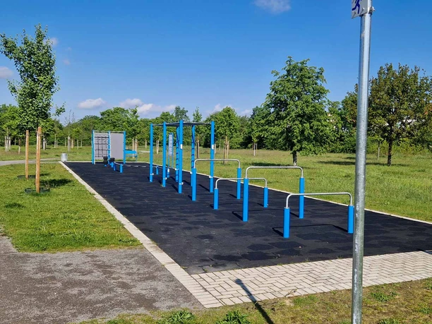 Outdooranlage-Altencelle Reihe von blauen Fitnessgeräten auf einer Außenanlage, umgeben von Rasenflächen und Bäumen.