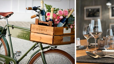 Champagne Deutz x Stivie Cuisine Bicycle with champagne and roses next to an elegantly laid table with glasses.