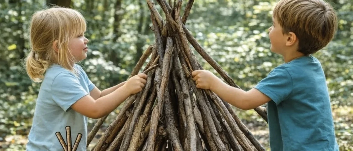 IMG_6033.jpg Zwei Kinder stapeln Äste zu einem Tipi, umgeben von Wald und farbigen Infofeldern zum Event
