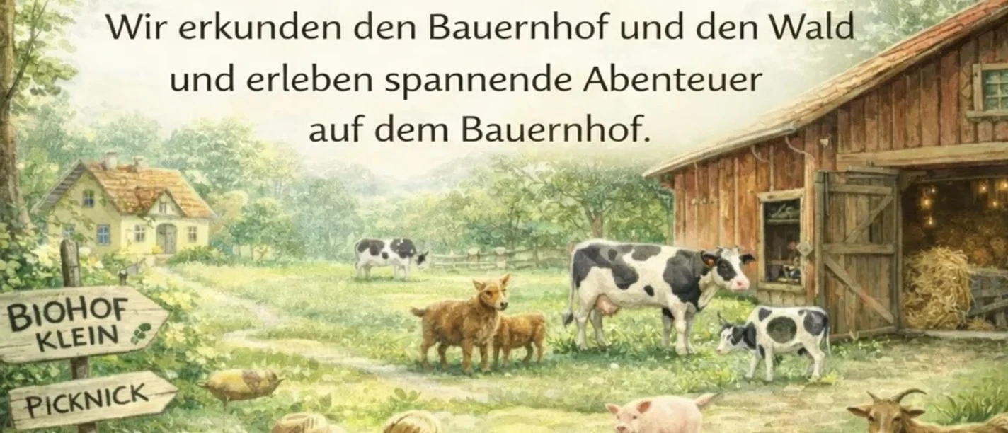 IMG_6035.jpg Zwei Kinder mit Rucksäcken gehen über einen Hofweg auf verschiedene Bauernhoftiere zu.