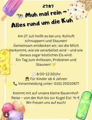 IMG_6032.jpg Buntes Plakat mit Infos zum Kinderprogramm rund um Kühe und Milch, umrahmt von Eisillustrationen.