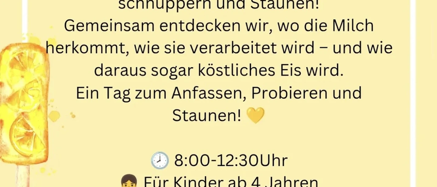 IMG_6032.jpg Buntes Plakat mit Infos zum Kinderprogramm rund um Kühe und Milch, umrahmt von Eisillustrationen.