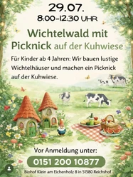 IMG_6034.jpg Illustration mit Wichtelhäusern, Gnom, Picknickdecke und Kühen auf einer bunten Wiese