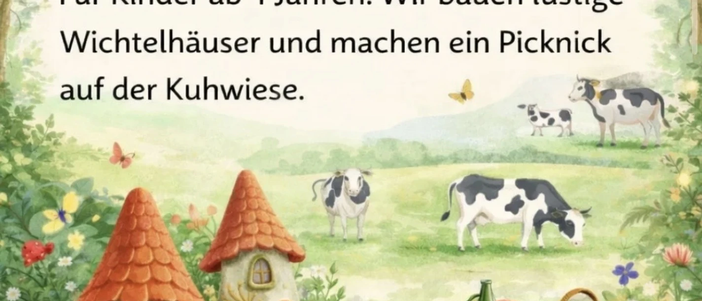 IMG_6034.jpg Illustration mit Wichtelhäusern, Gnom, Picknickdecke und Kühen auf einer bunten Wiese