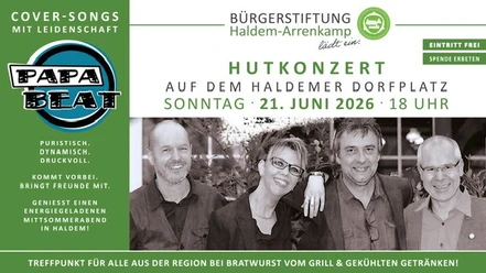 Hutkonzert Plakat Hutkonzert mit Band Papa Beat und Termin 21. Juni 2026 in Haldem