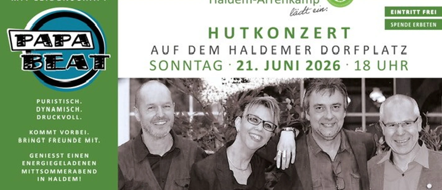 Hutkonzert Plakat Hutkonzert mit Band Papa Beat und Termin 21. Juni 2026 in Haldem