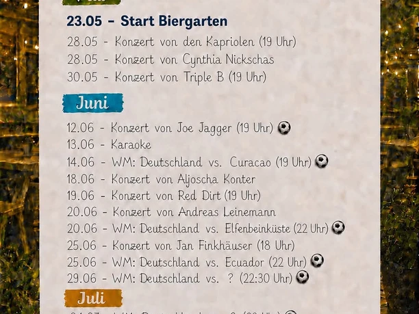 Veranstaltungen Biergarten 2026.jpeg Eventkalender für den Biergarten Einbeck mit Konzerten und WM-Spielen von Mai bis August.