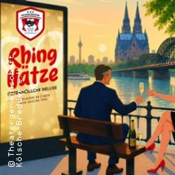 Paar sitzt am Rhein mit Blick auf den Kölner Dom und stößt bei Abendlicht mit Getränken an.