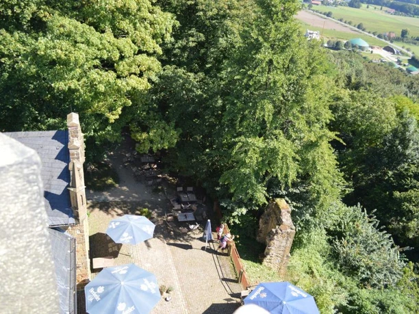 BLick vom Turm Burg Ravensberg auf Gastronomie Blick vom Turm der Burg Ravensberg auf eine Terrasse mit Sonnenschirmen und umliegenden Wald.