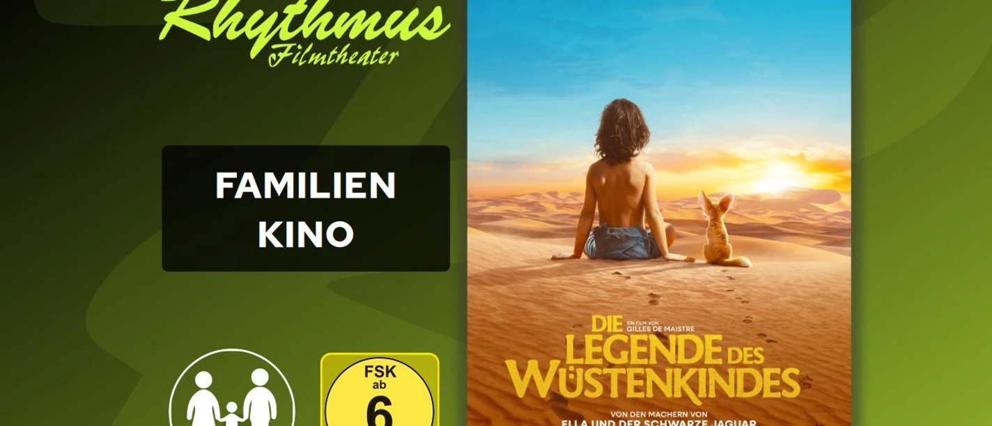 Filmplakat: Kind und Fuchs sitzen bei Sonnenuntergang in der Wüste