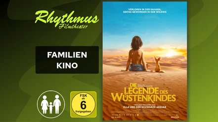 filmplakat-dielegendedeswuestenkindes.jpg Filmplakat: Kind und Fuchs sitzen bei Sonnenuntergang in der Wüste
