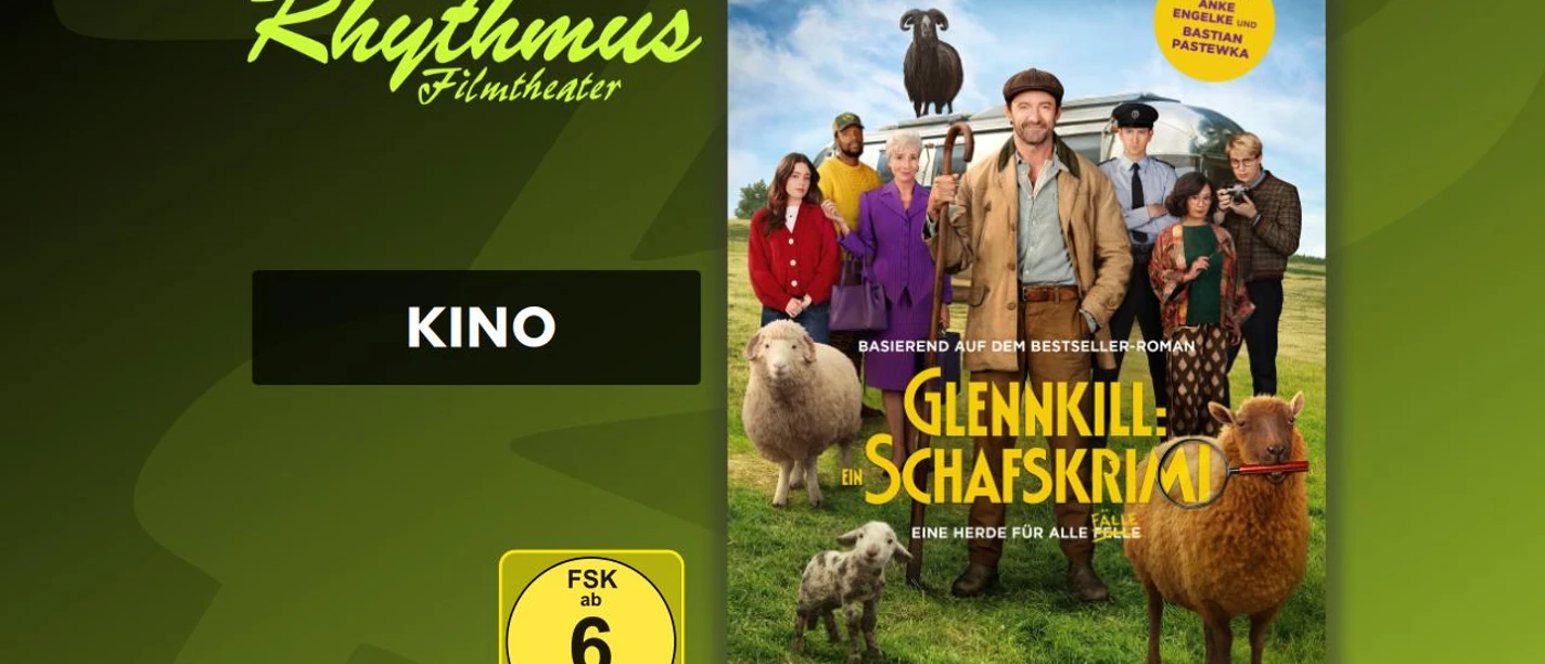 filmplakat-glennkilleinschafskrimi.jpg Filmplakat Glennkill: Schafskrimi mit Dorfbewohnern und Schafen auf grüner Wiese