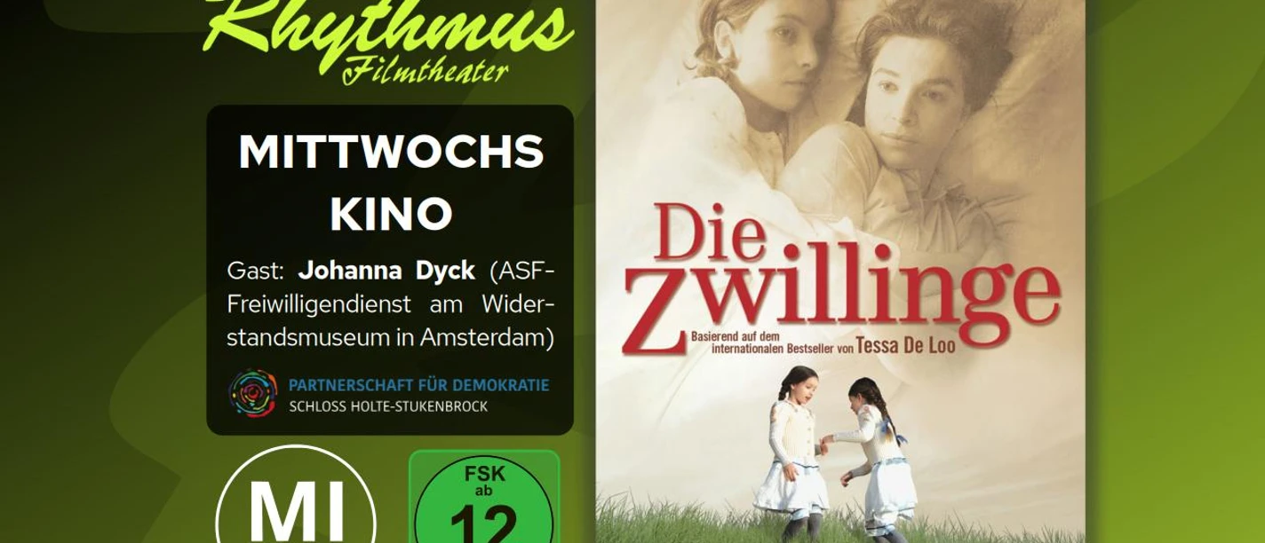 Filmplakat „Die Zwillinge“ mit zwei Mädchen im Gras und Porträt zweier Frauen im Hintergrund