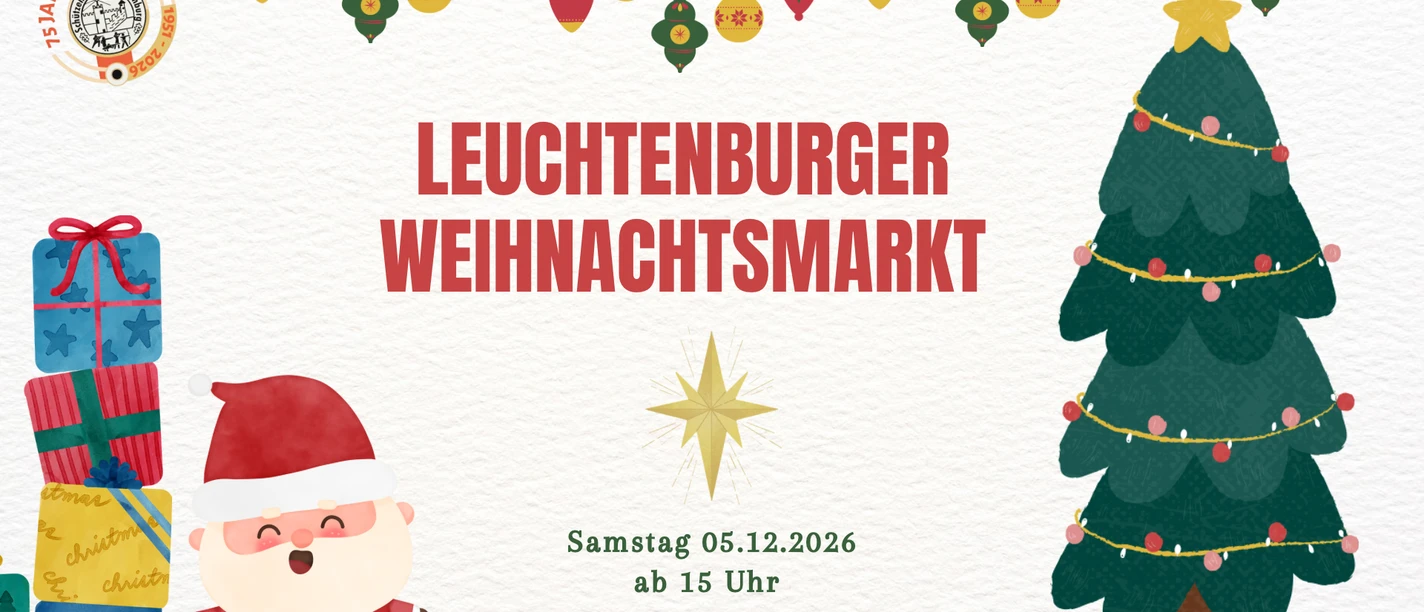 Leuchtenburger Weihnachtsmarkt.PNG Grafik zum Leuchtenburger Weihnachtsmarkt am 05.12.2026 mit Weihnachtsmann und Weihnachtsbaum.