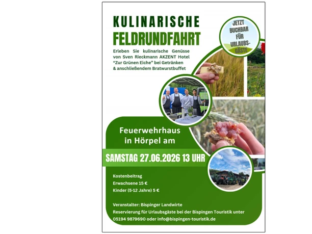 Feldrundfahrt_270626_Hoerpel.jpg Flyer zur Kulinarischen Feldrundfahrt am 27.06.2026 in Hörpel, mit Fotos von Essen und Traktoren.